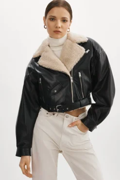 Femme LAMARQUE DYLAN Blouson Motard En Cuir Style 80s Col Sherpa