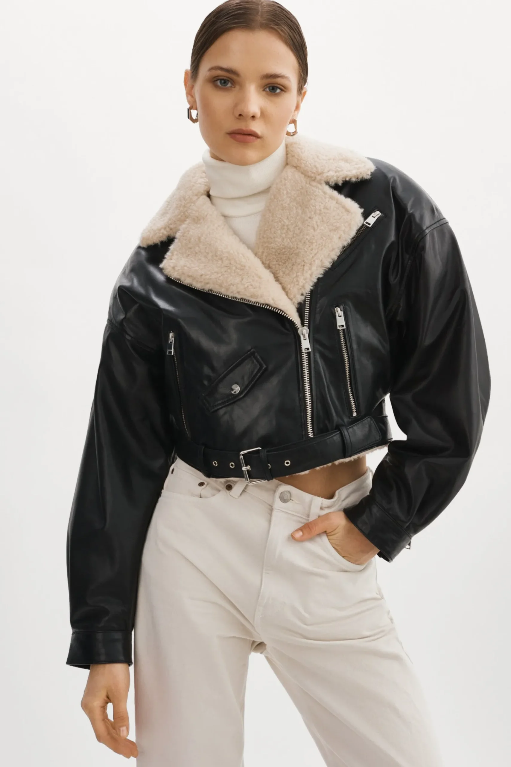 Femme LAMARQUE DYLAN Blouson Motard En Cuir Style 80s Col Sherpa