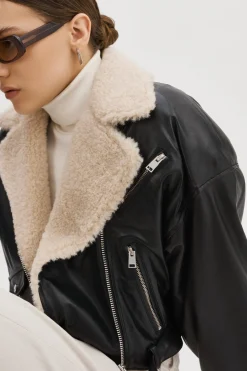 Femme LAMARQUE DYLAN Blouson Motard En Cuir Style 80s Col Sherpa