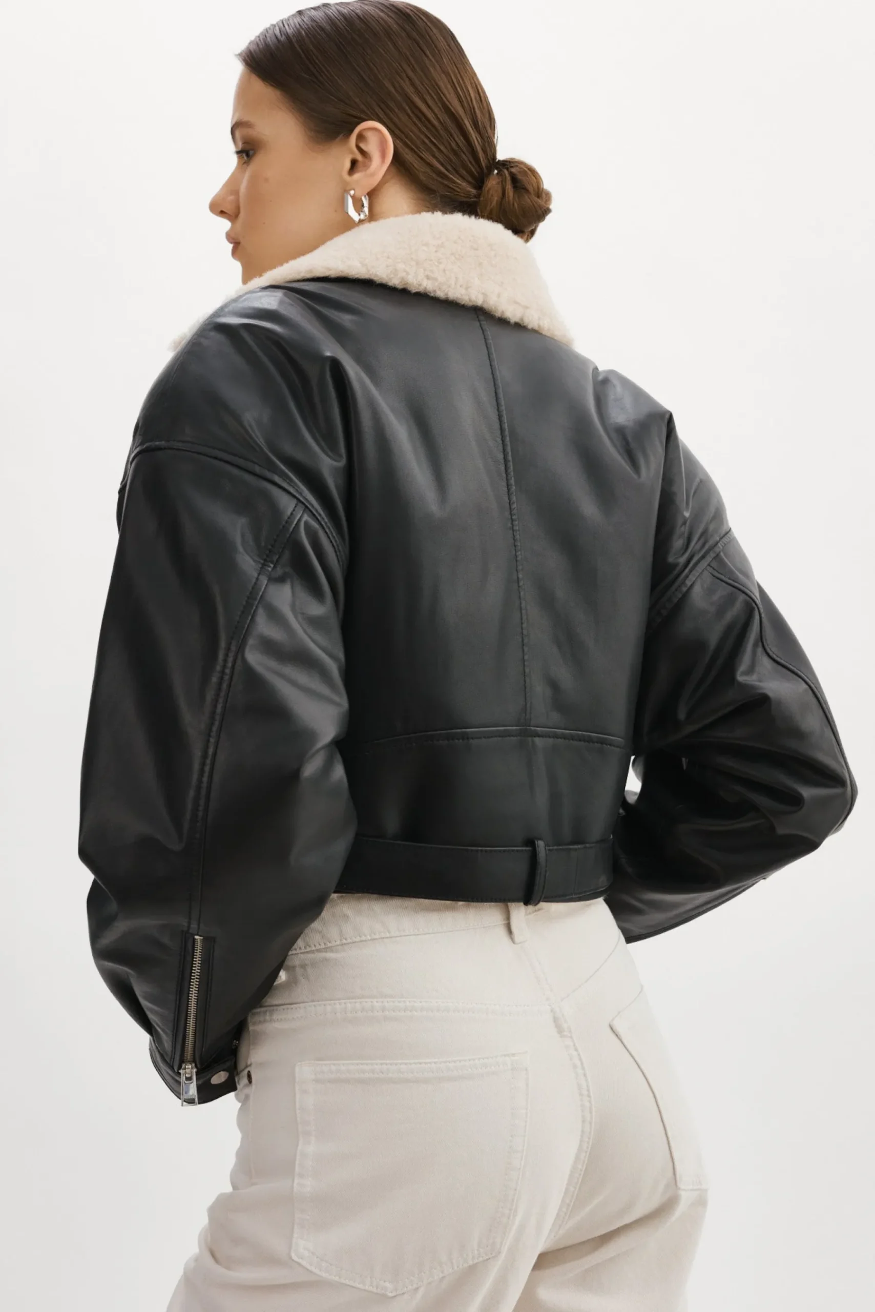 Femme LAMARQUE DYLAN Blouson Motard En Cuir Style 80s Col Sherpa