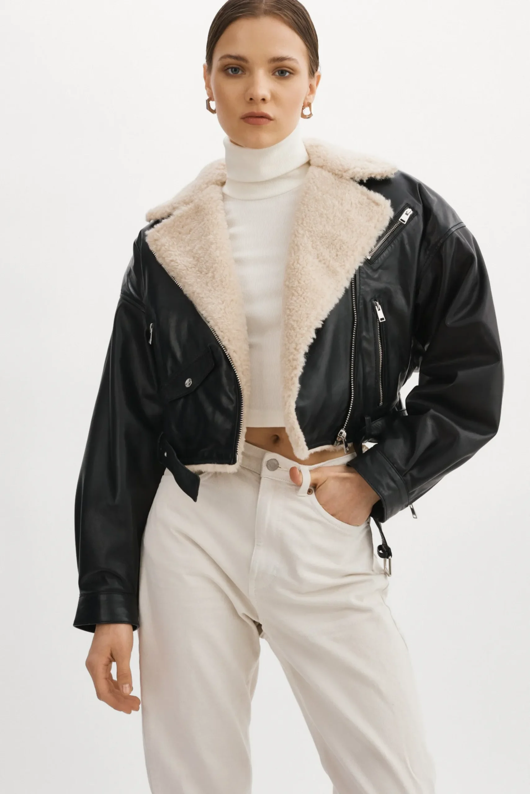 Femme LAMARQUE DYLAN Blouson Motard En Cuir Style 80s Col Sherpa