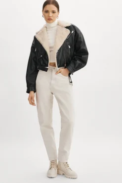 Femme LAMARQUE DYLAN Blouson Motard En Cuir Style 80s Col Sherpa