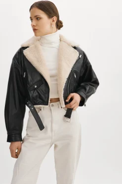 Femme LAMARQUE DYLAN Blouson Motard En Cuir Style 80s Col Sherpa