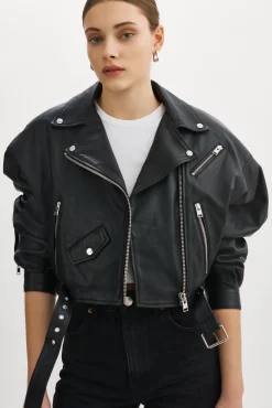 Femme LAMARQUE DYLAN Veste Moto Raccourcie En Cuir Avec épaules Matelassé